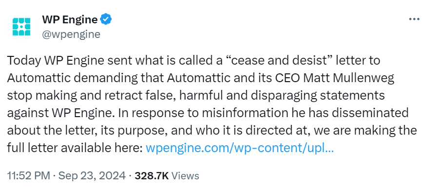 WP Engine cease and desist X post WP Engine post on X about sending a cease and desist letter to Automattic