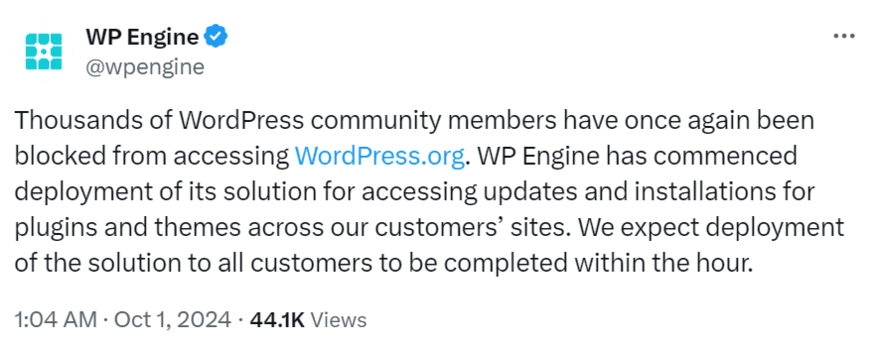 WP Engine X post ban reinstated WP Engine post on X about the WordPress ban
