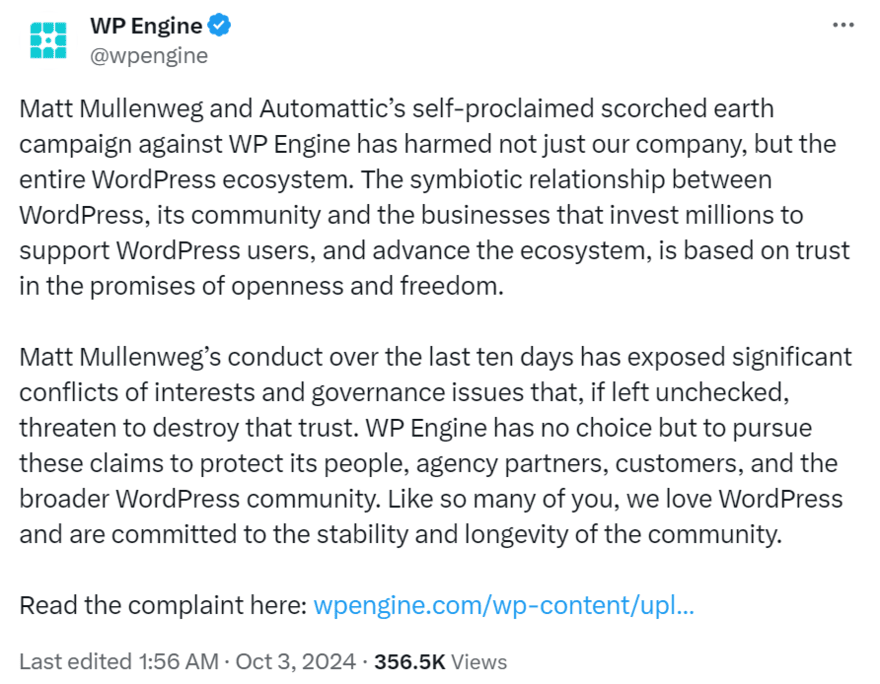 WP Engine X post WP Engine post on X about Matt Mullenweg's actions against the company