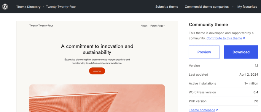 WP theme preview WordPress template preview showing an option to download the theme