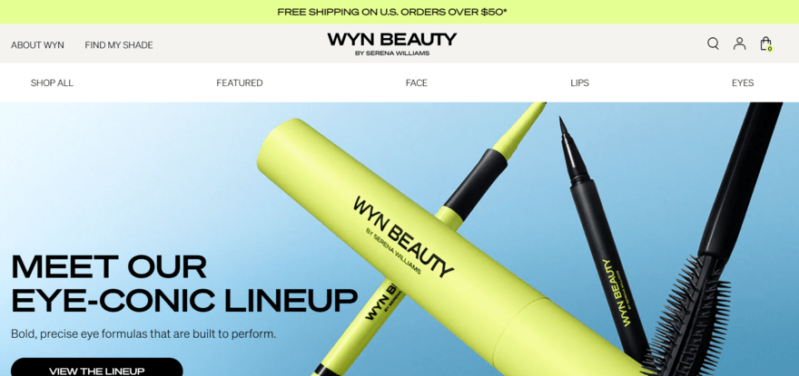 Wyn Beauty WYN Beauty website homepage showing product imagery in the top banner