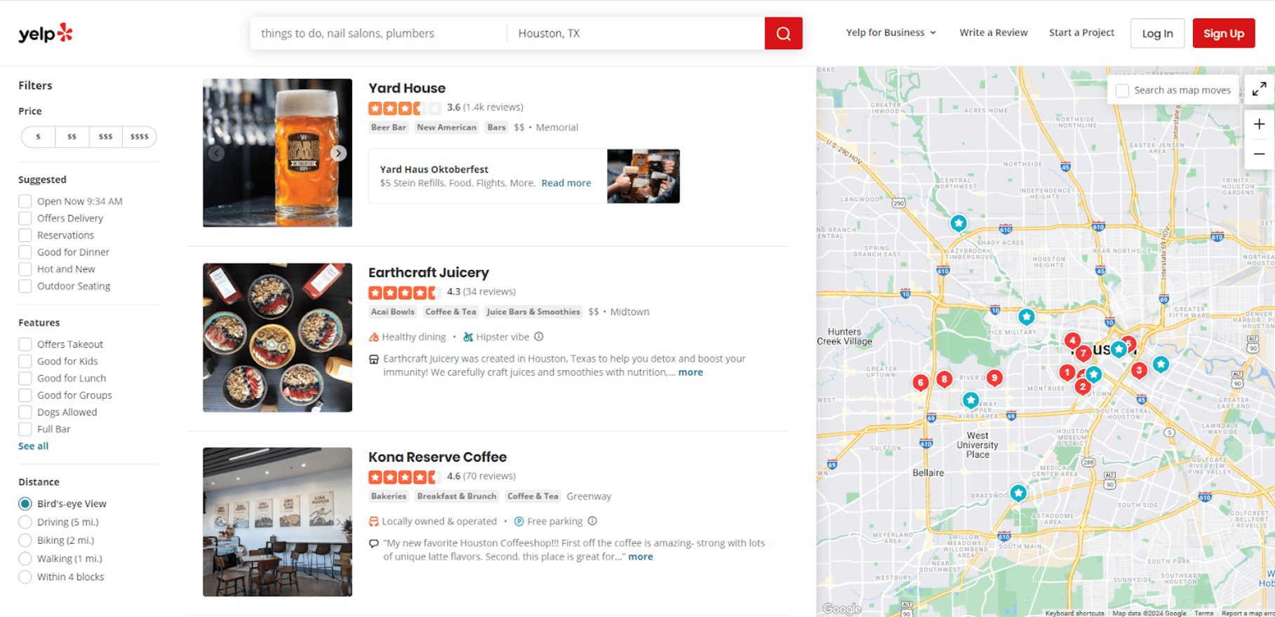Yelp screenshot of yelp page showing three local business recommendations