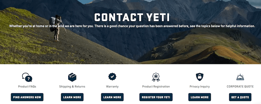Yeti contact us page screenshot Yeti contact us page full width image with six contact options