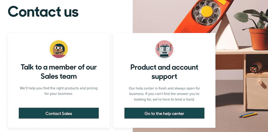 Zendesk contact us page screenshot Zendesk contact us page with two contact options