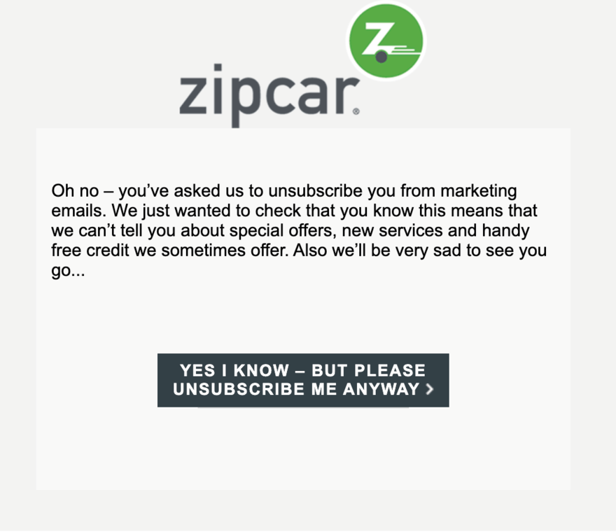 zipcar unsubscribe email example An unsubscribe email from Zipcar